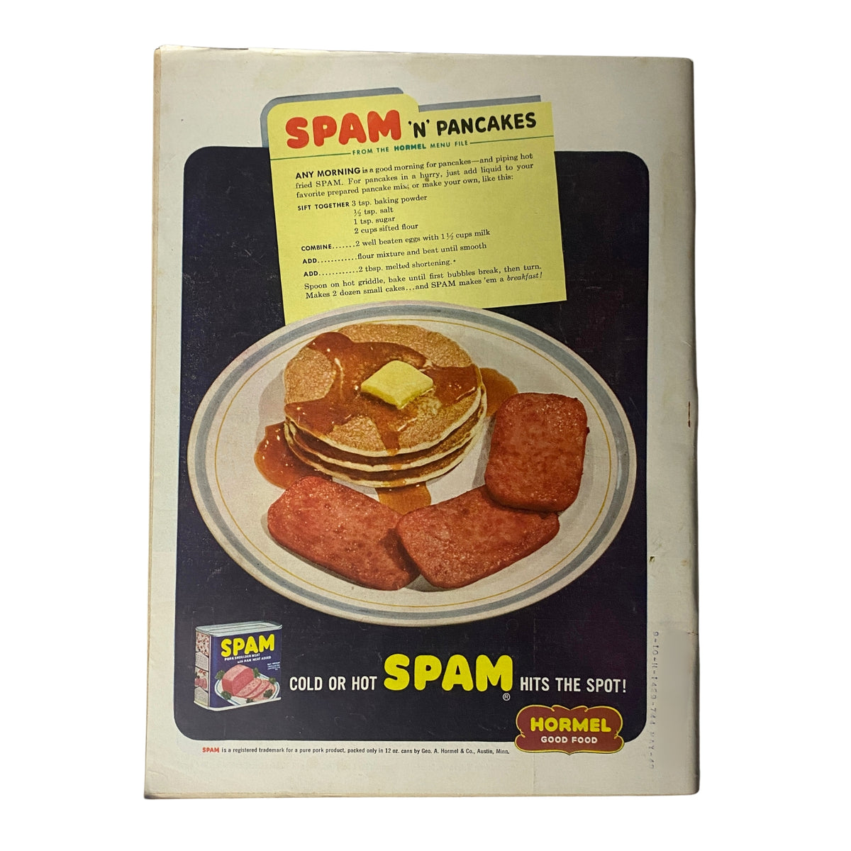 Back cover advertisement for Spam 'n' Pancakes recipe from Hormel featured in Time Magazine, showcasing a plate of pancakes with Spam.