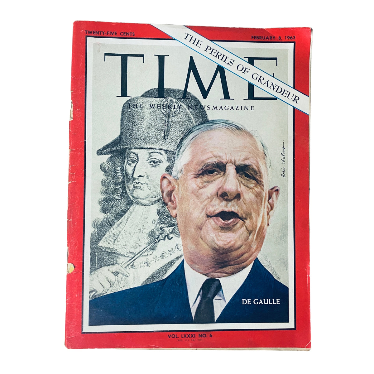 Time Magazine cover from February 8, 1963, Vol 81 No. 6 featuring Charles de Gaulle, showcasing a prominent depiction of the French President and historical context.