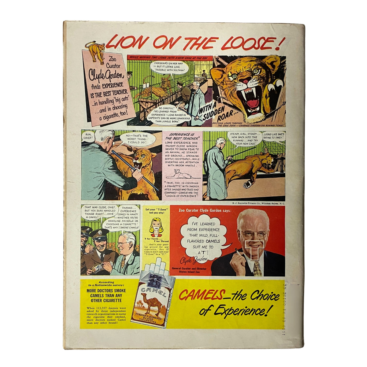 Back cover of Time Magazine dated October 25, 1948, featuring an advertisement titled 'Lion on the Loose!' with comic panels and a promotion for Camel cigarettes, illustrating the vintage advertising style.