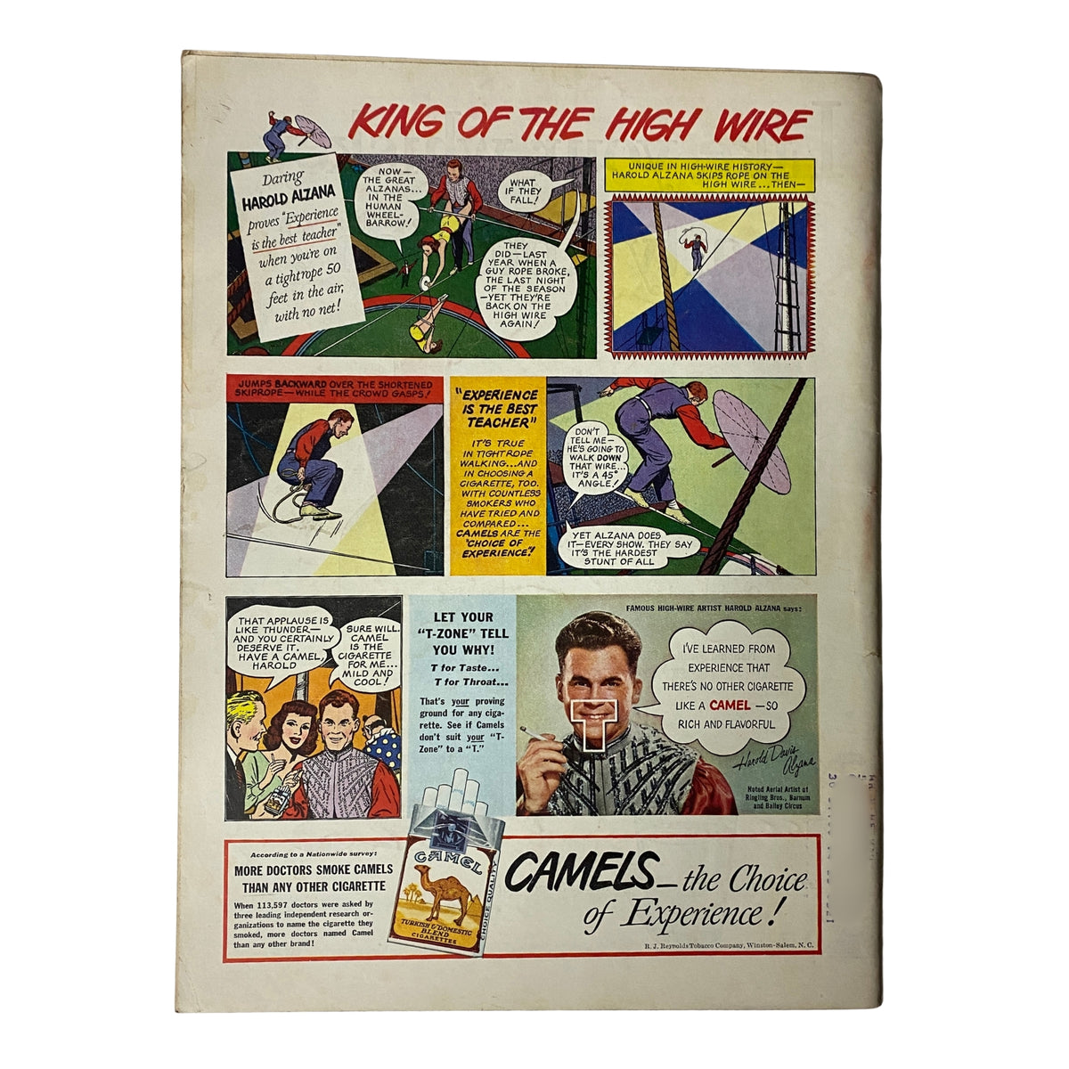Back cover of Time Magazine from September 27, 1948, Vol 52 No 13, featuring an advertisement titled 'King of the High Wire' promoting Harold Alzana and Camel cigarettes.