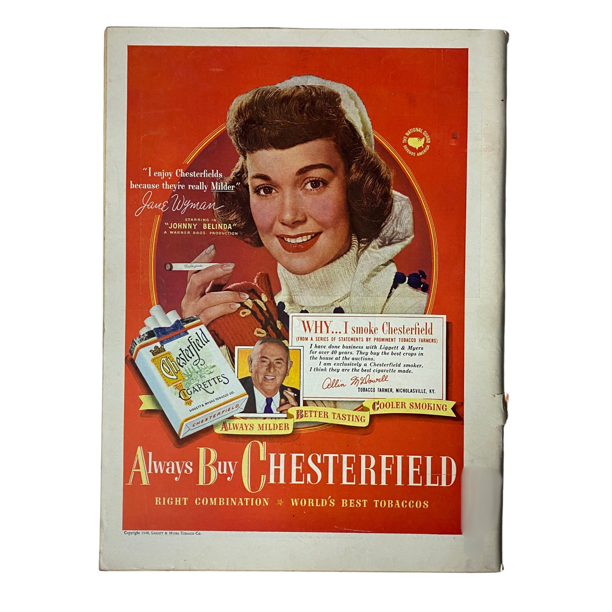 Vintage advertisement page for Chesterfield cigarettes featuring actress Jane Wyman, promoting the brand with colorful graphics and a slogan on mildness.