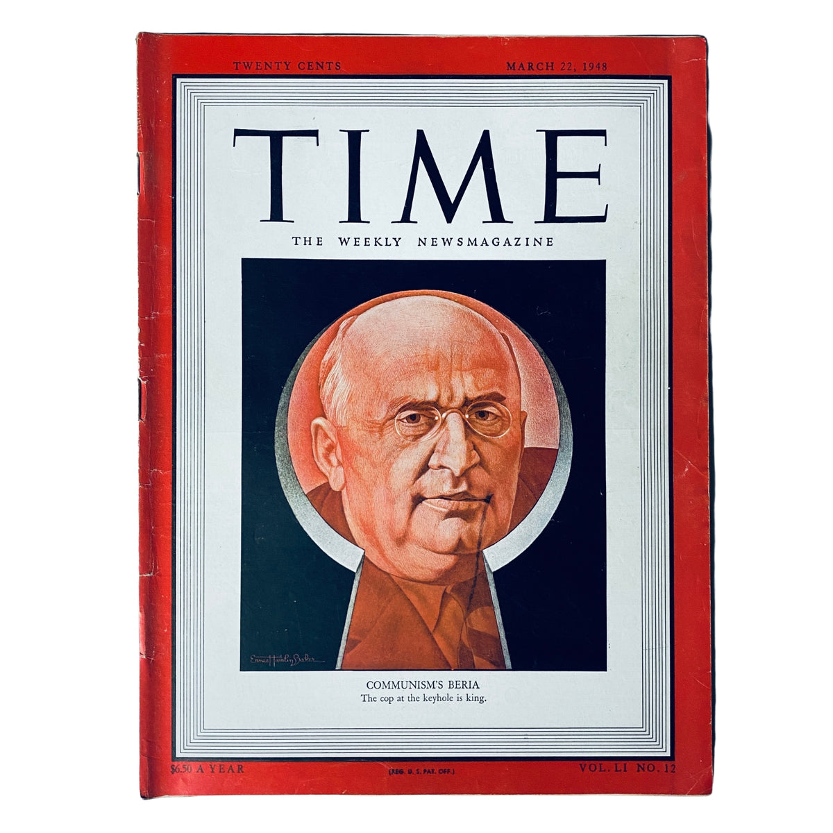 Time Magazine March 22, 1948, Vol 51 No. 12 cover featuring Communist official Lavrenty Beria. The illustration depicts Beria with the tagline 'The cop at the keyhole is king.'