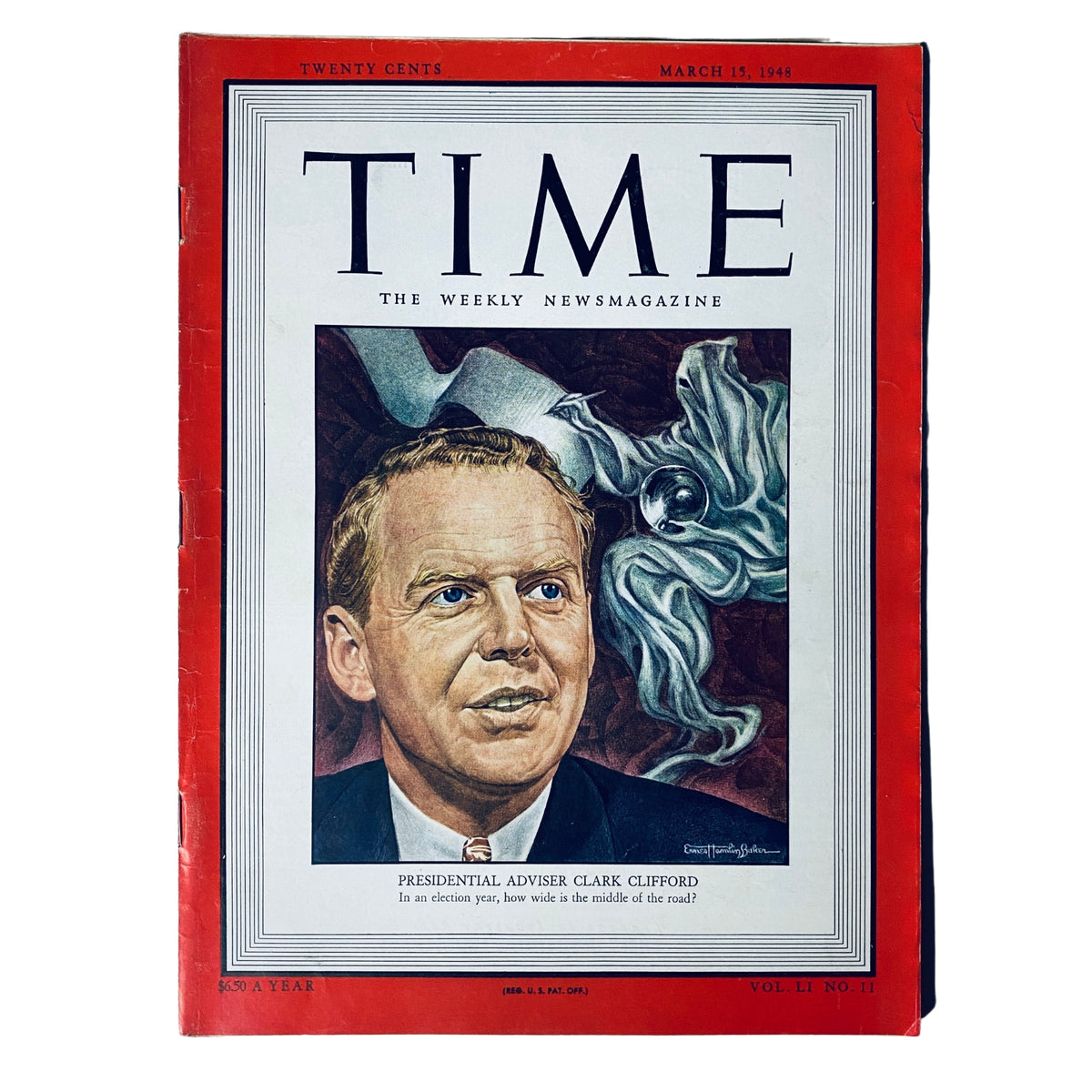 Time Magazine cover from March 15, 1948, featuring Presidential Adviser Clark Clifford, Vol. 51 No. 11, showcasing a portrait of Clifford against a dramatic backdrop.