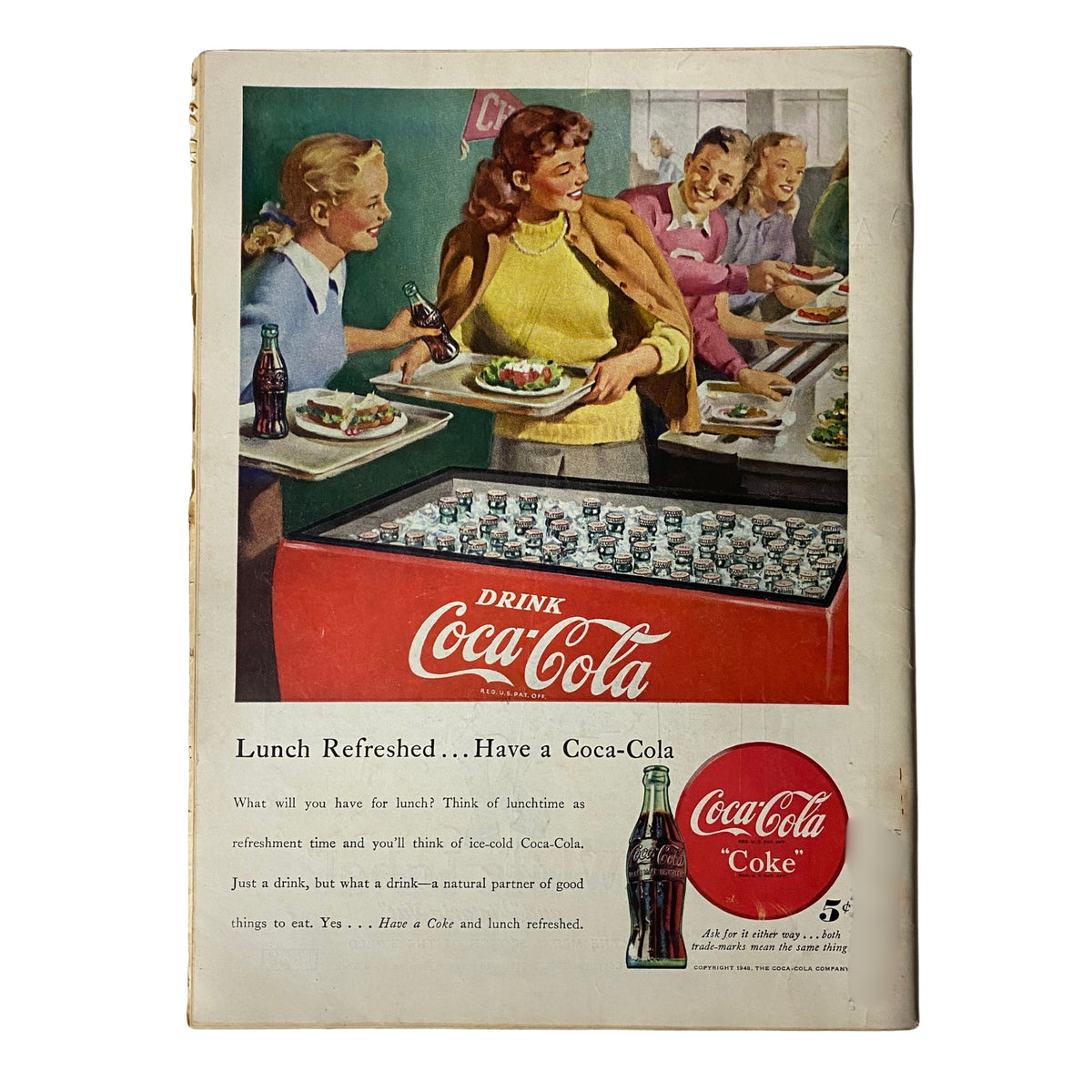Advertisement for Coca-Cola from a vintage magazine, depicting a vibrant lunch scene with women enjoying food and drinks, promoting the slogan 'Drink Coca-Cola'.