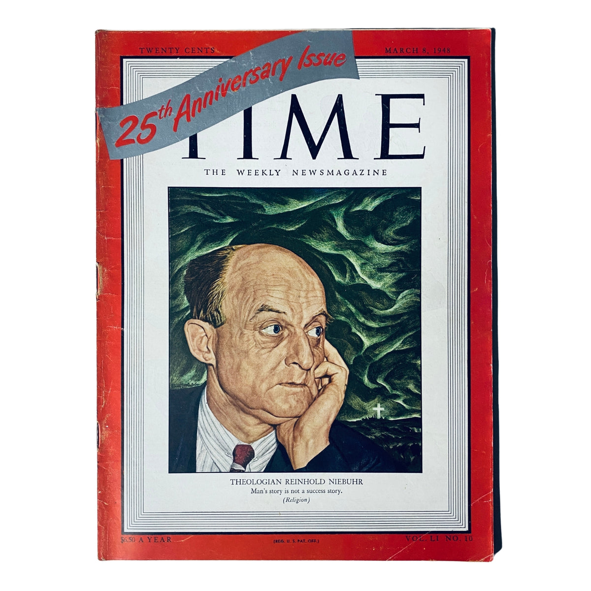 Time Magazine cover from March 8, 1948, Vol. 51 No. 10 featuring theologian Reinhold Niebuhr, highlighting his influential role in religious thought with the caption 'Man's story is not a success story'. This vintage magazine is a significant collectible item.