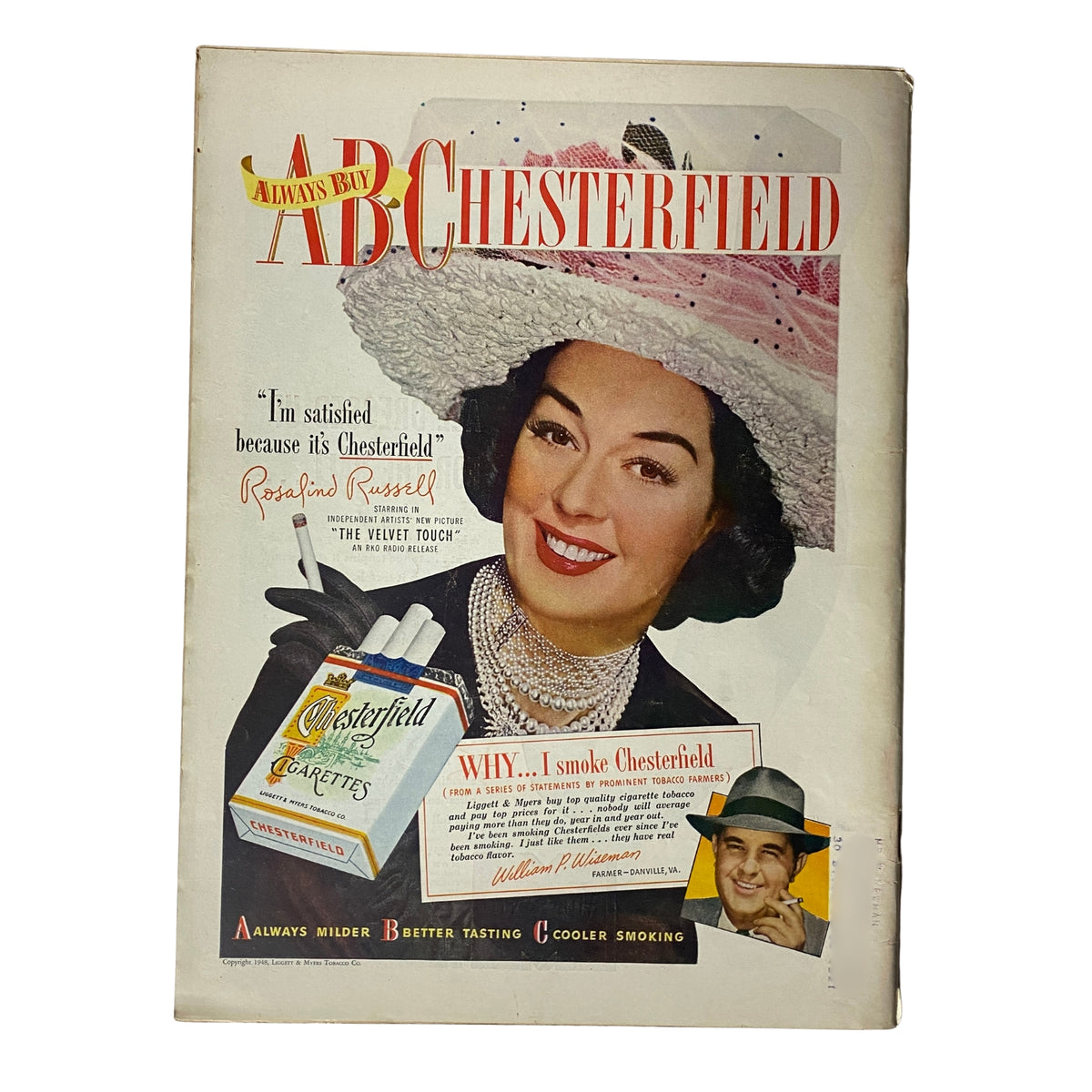 Vintage advertisement cover featuring actress Rosalind Russell promoting Chesterfield Cigarettes, showcasing the phrase 'I'm satisfied because it's Chesterfield'.