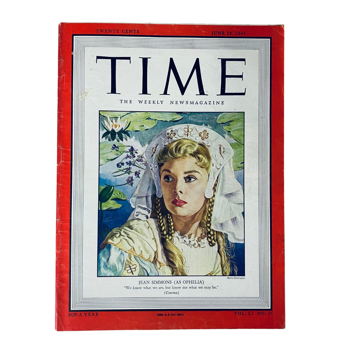Time Magazine cover from June 28, 1948 featuring Jean Simmons as Ophelia. This vintage magazine showcases the British actress in her iconic role from Hamlet.