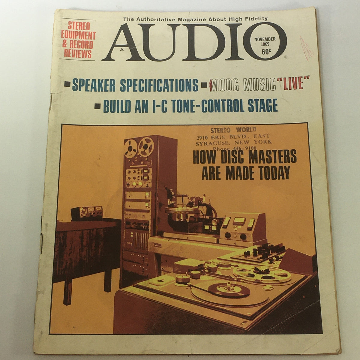 Cover of VTG Audio & Music Magazine November 1969 featuring a classic design with bold headlines on Speaker Specifications and Moog Music. The image showcases vintage audio equipment in the background, a crucial element in music history.
