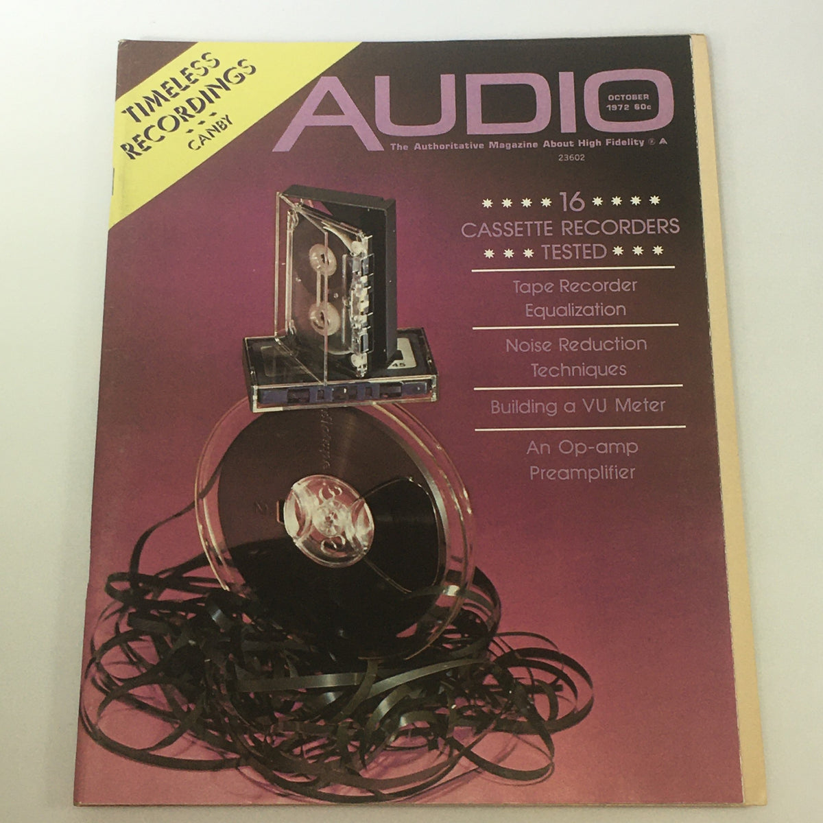 Vintage Audio & Music Magazine October 1972 featuring a cover image displaying a cassette recorder and audio tape. The magazine title prominently reads 'Audio' along with '16 Cassette Recorders Tested', showcasing essential details about tape recorder technology and audio fidelity.