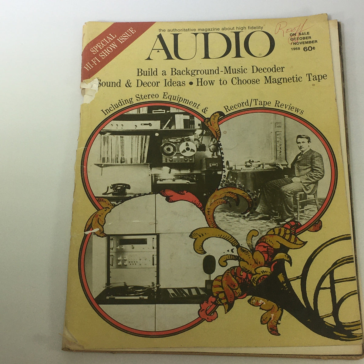 Cover of Vintage Audio & Music Magazine October-November 1968 displaying illustration of stereo equipment and record tape reviews, showing noticeable wear.