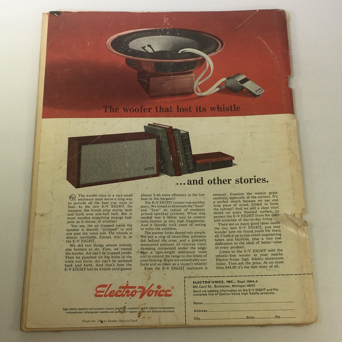 Back cover of VTG Audio & Music Magazine October November 1968 featuring an Electro-Voice advertisement showcasing a speaker and audio technology.