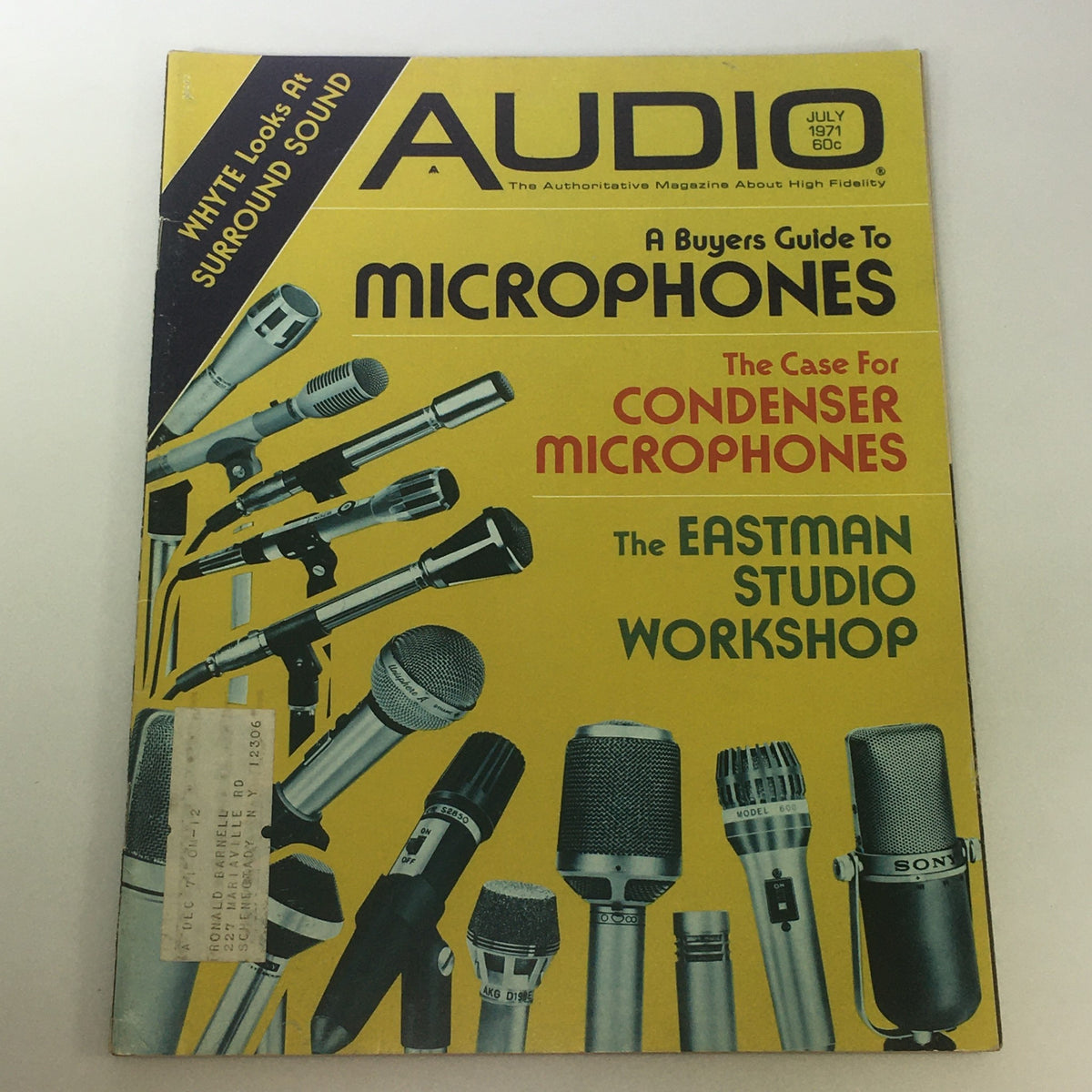 Vintage Audio & Music Magazine July 1971 cover featuring a buyer's guide to microphones, showcasing various condenser microphones with bold typography.