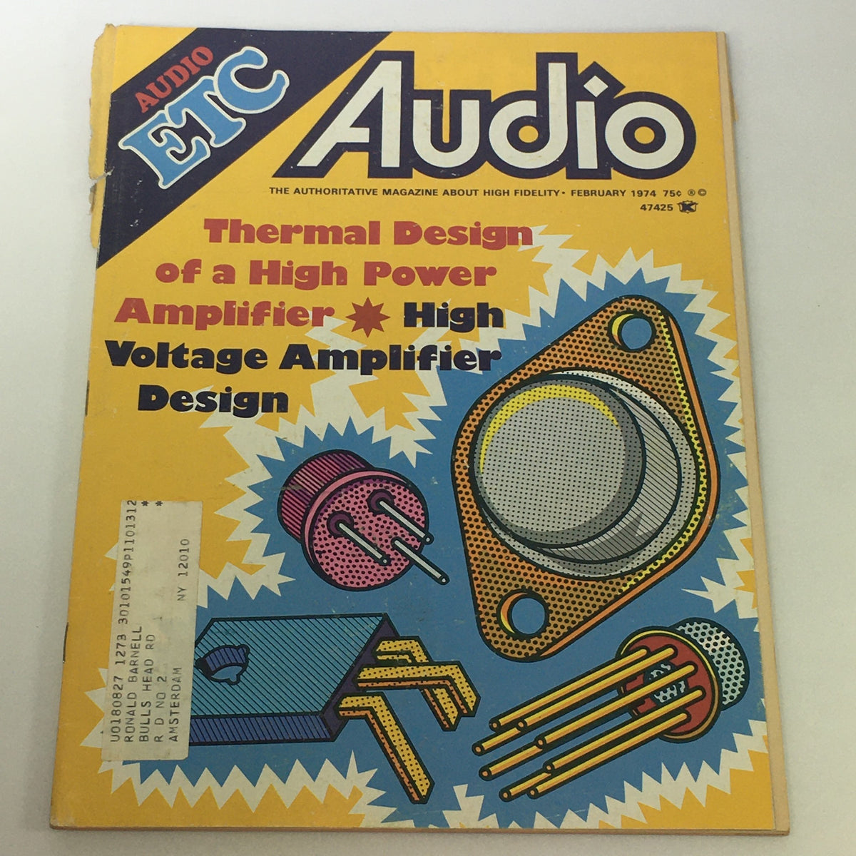 Cover of VTG Audio & Music Magazine February 1974 featuring High Voltage Amplifier Design with colorful illustrations and title text.