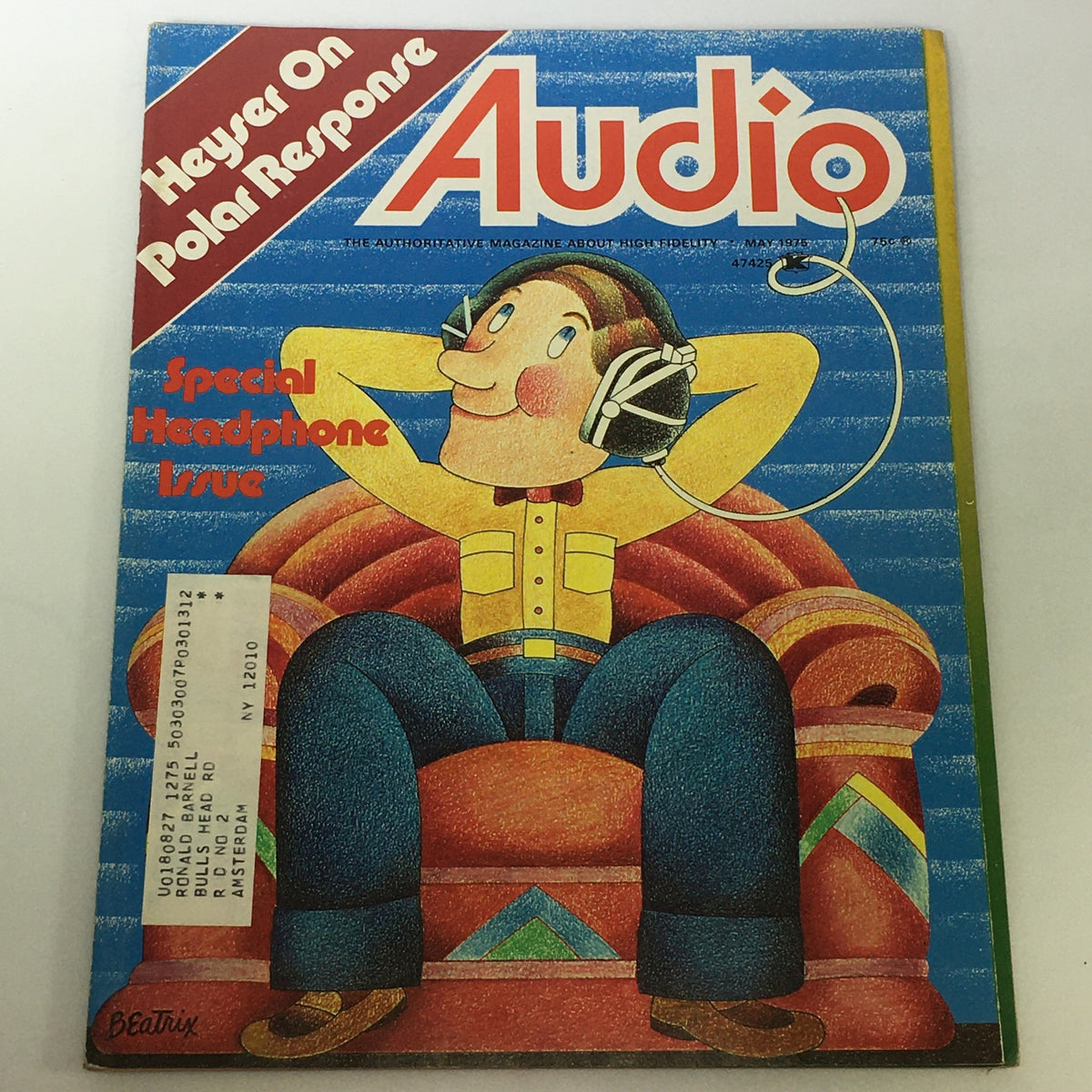 Cover of the VTG Audio & Music Magazine May 1975 - Special Headphone Issue featuring an illustrated character wearing headphones on a colorful background. The magazine highlights advancements in audio technology and headphone culture from the 1970s.