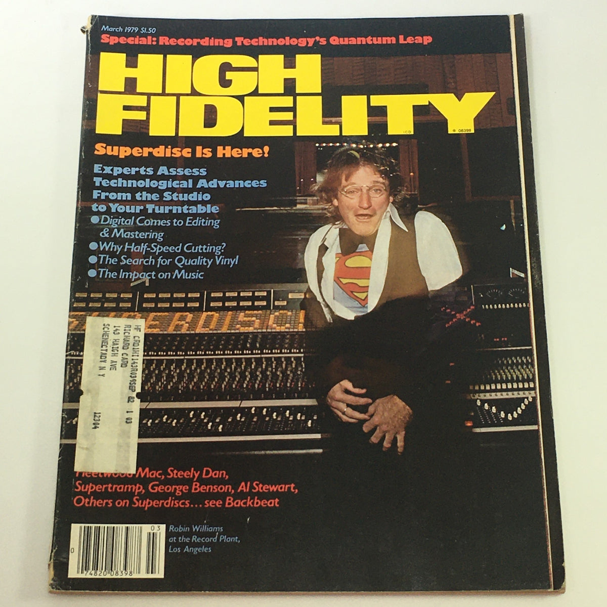 Cover of VTG High Fidelity Music Magazine from March 1979 featuring Robin Williams at the Record Plant in Los Angeles, showcasing the vibrant music and comedy culture of the late 1970s.