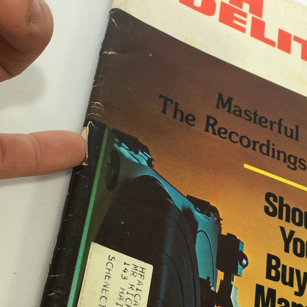 Close-up of the spine detailing of VTG High Fidelity Music Magazine May 1974, emphasizing the title Masterful Windbag: The Recordings of Max Reger and showcasing wear consistent with vintage magazines.