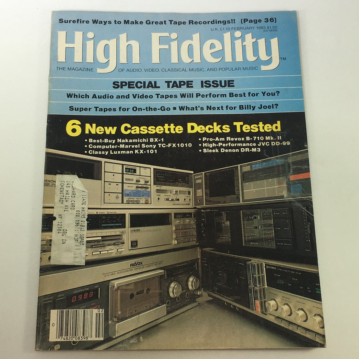 Cover of VTG High Fidelity Music Magazine February 1983 - Special Tape Issue featuring a focus on audio tapes and cassette decks, showcasing music industry highlights and product reviews.