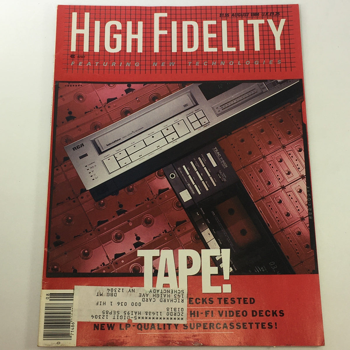 Cover of VTG High Fidelity Music Magazine August 1984 featuring a cassette player and cassettes, emphasizing new LP-quality supercassettes.