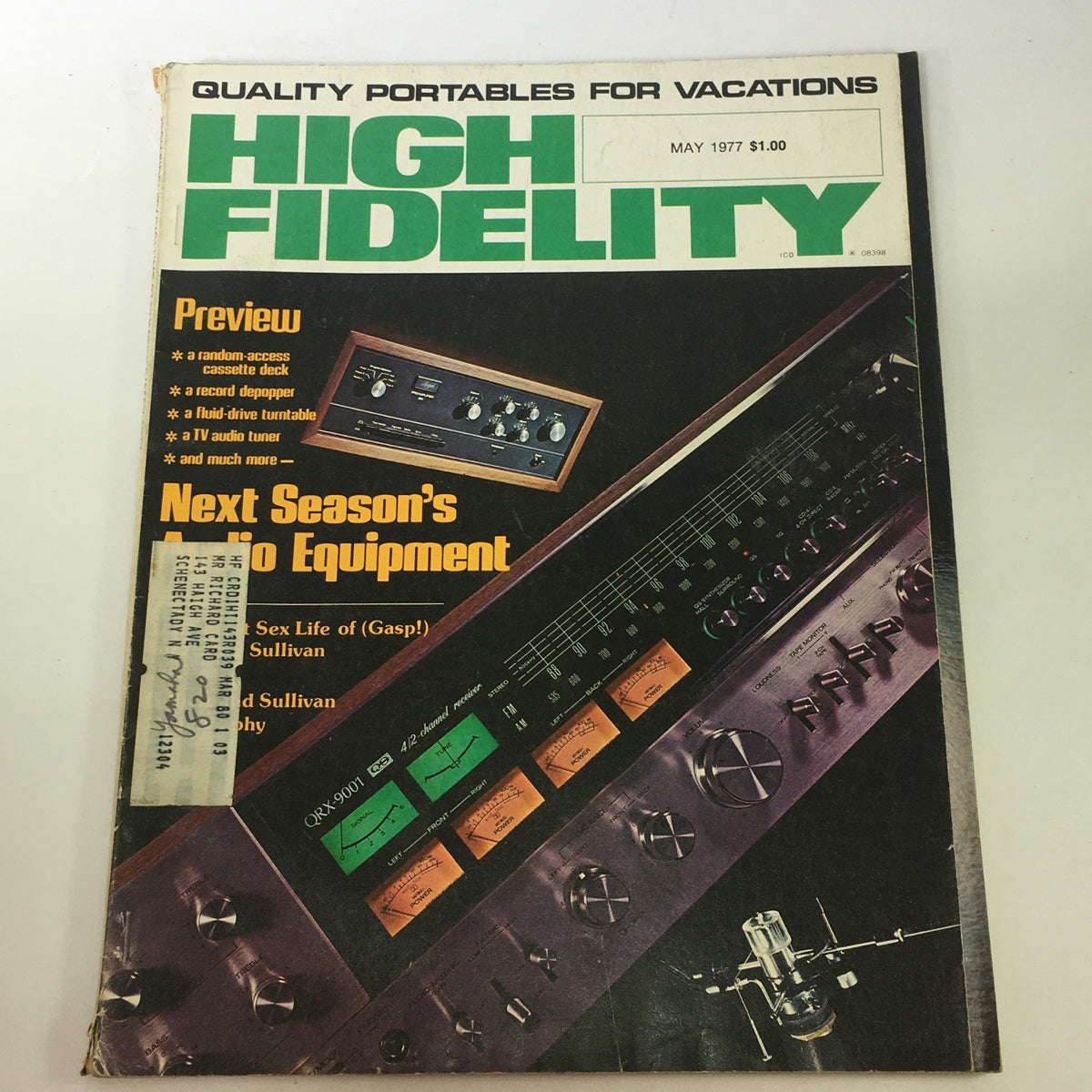 Vintage High Fidelity Music Magazine from May 1977 showcasing next season's audio equipment trends, featuring a colorful cover with audio technology illustrations and promotional text.