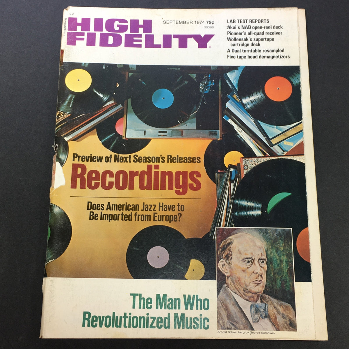 Cover of VTG High Fidelity Music Magazine, September 1974, featuring a portrait of Arnold Schoenberg and vinyl records, showcasing the theme 'The Man Who Revolutionized Music' and articles on recordings and jazz.