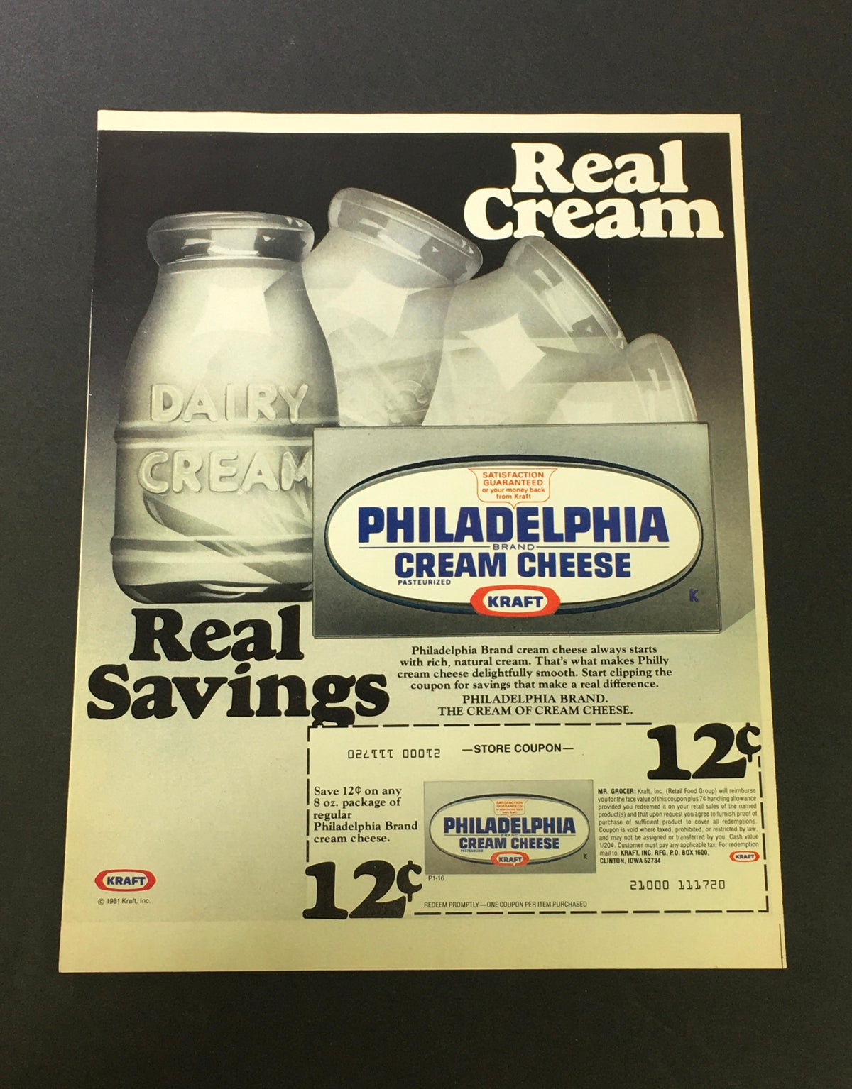 VTG 1981 Kraft Philadelphia Brand Cream and Cheese Pasteurized Print Ad displaying bottles of dairy cream and the coupon offer for Philadelphia Cream Cheese, originally priced at 12 cents.