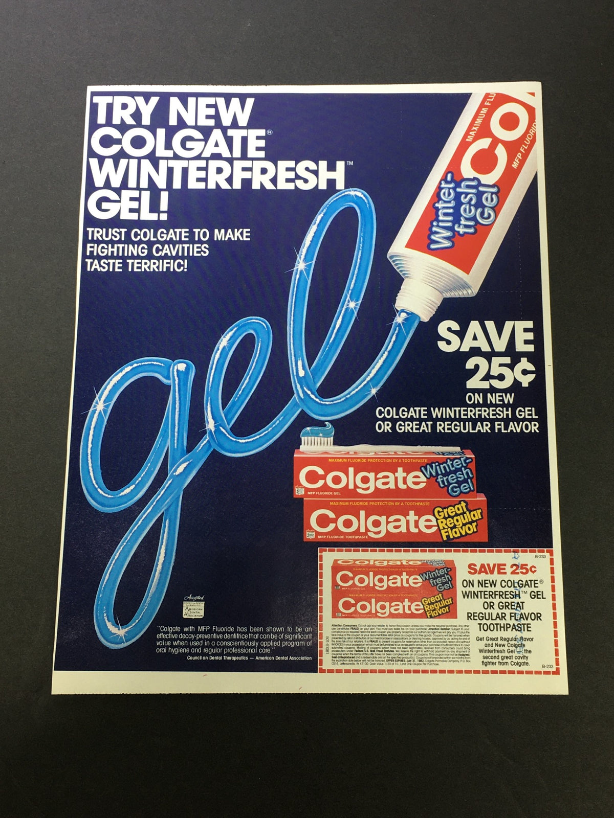 VTG 1981 Colgate Winterfresh Gel or Great Regular Flavor Toothpaste Ad Coupon featuring a promotional offer for Colgate toothpaste with the text 'TRY NEW COLGATE WINTERFRESH GEL!' and a discount savings of 25 cents.