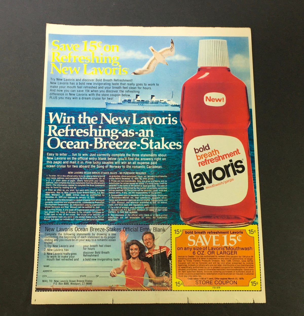 VTG 1979 Lavorish Refreshing Bold Breath Refreshment Mouthwash Print Ad Coupon featuring a vibrant advertisement with a red bottle, promoting the product and an ocean breeze stakes contest.