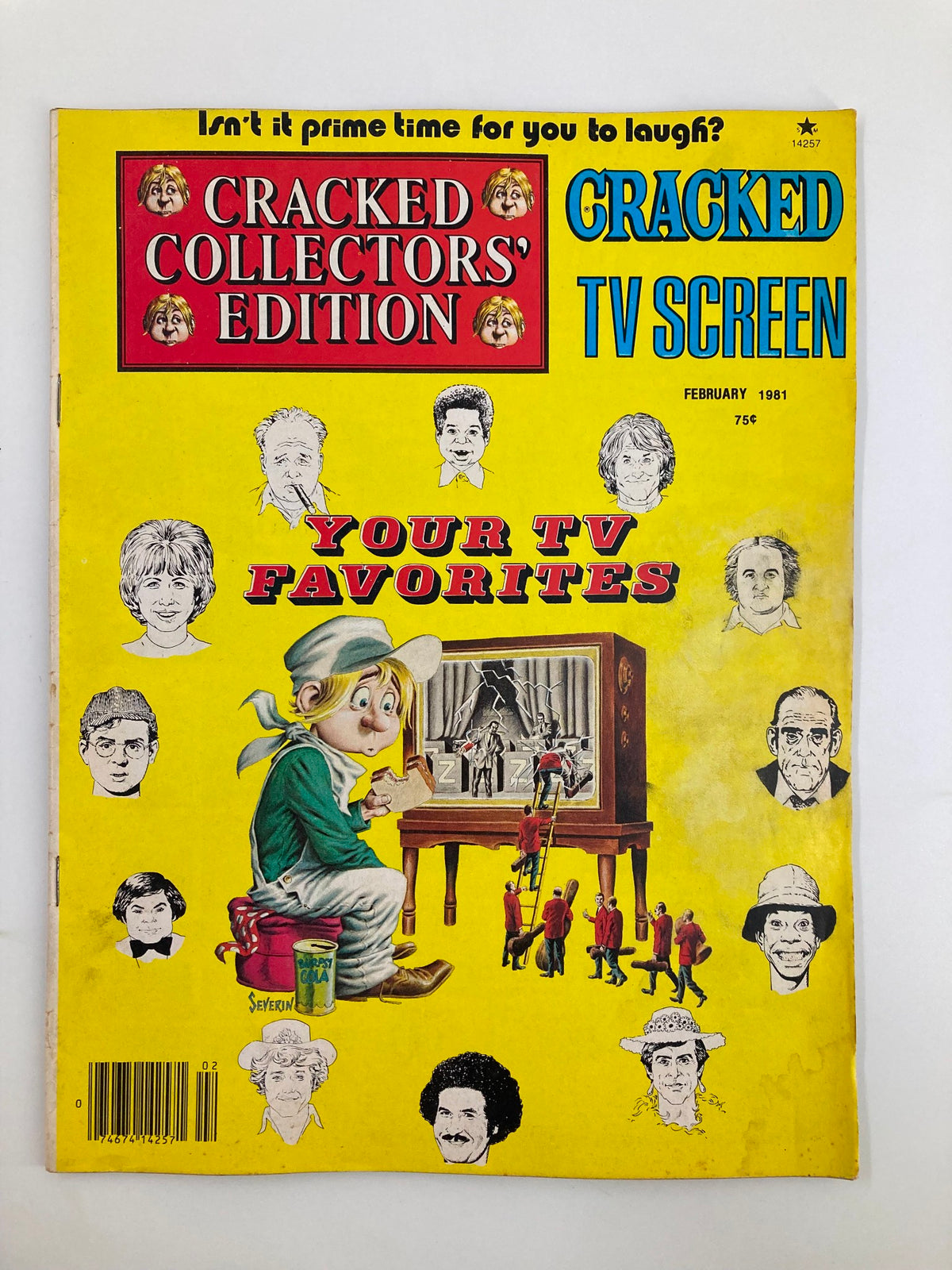 Cover of Cracked Humor Magazine February 1981 issue titled 'Your TV Favorites', featuring a colorful illustration and caricatures related to television shows.