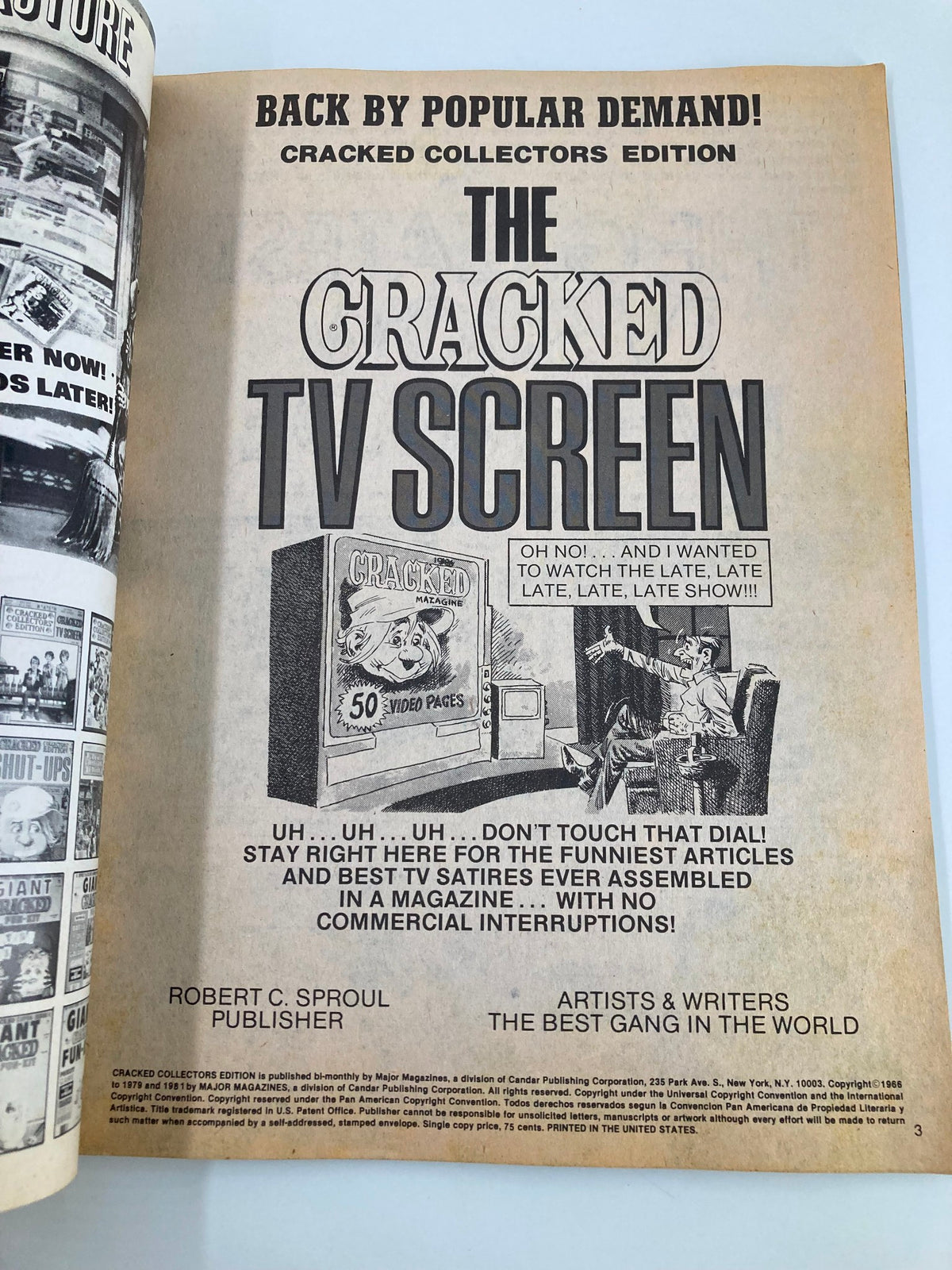 Inside page of Cracked Humor Magazine February 1981 featuring the headline 'The Cracked TV Screen', showcasing humorous articles and illustrations related to television.