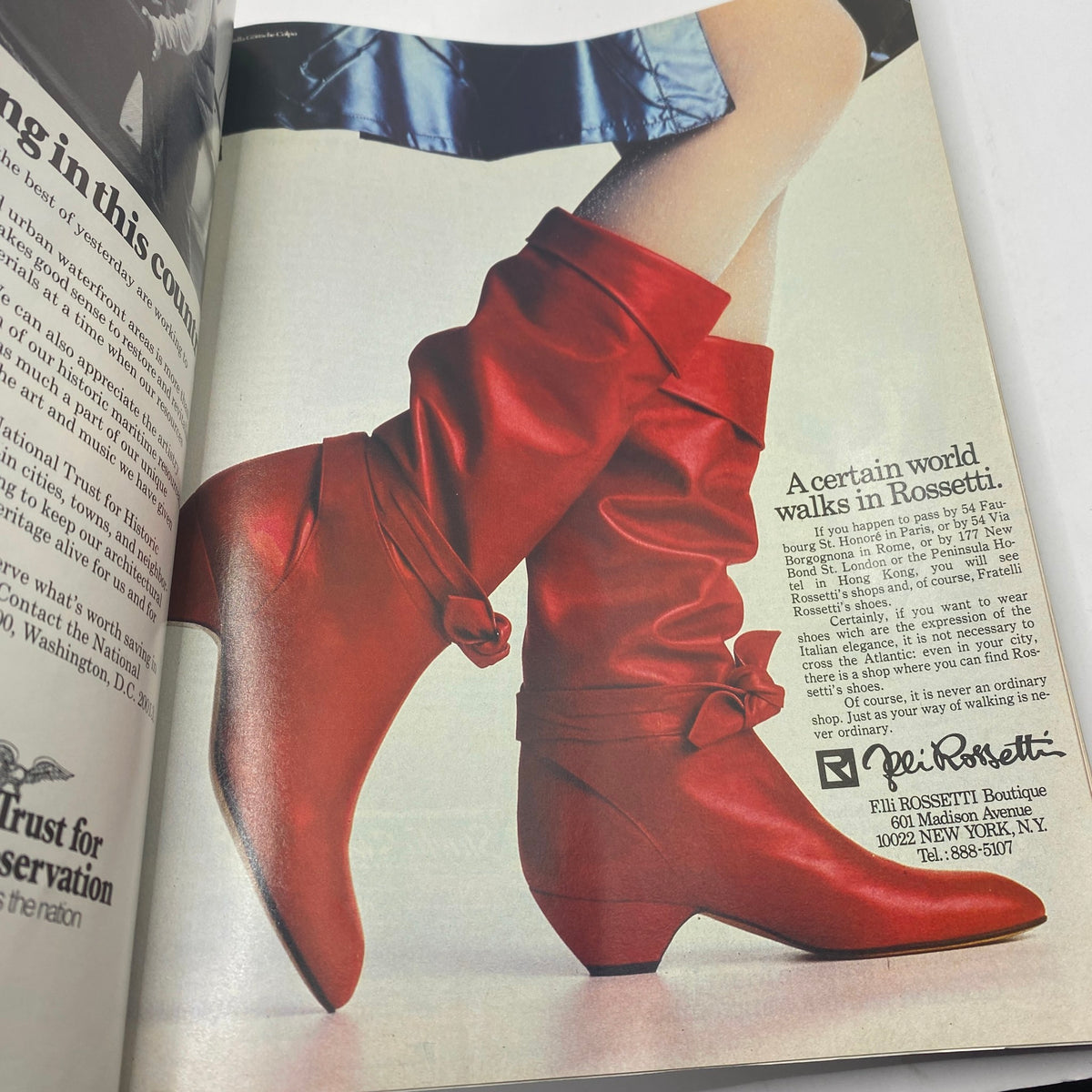 VTG Vogue Magazine October 1982 showcasing stylish red boots in an advertisement for Rossetti, capturing the essence of 1980s fashion.