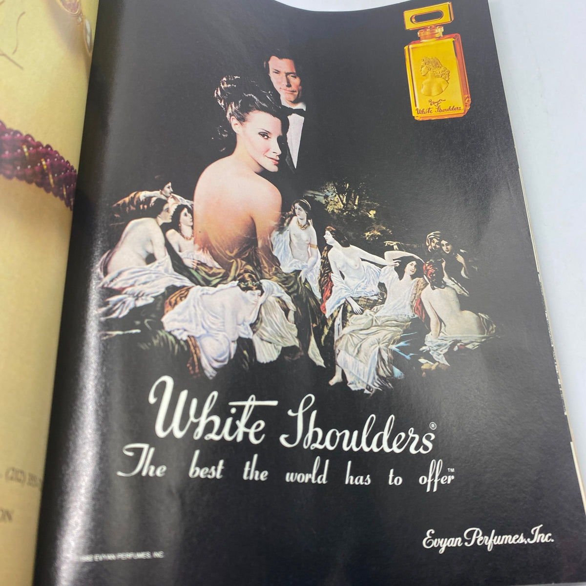 VTG Vogue Magazine October 1982 advertisement for White Shoulders perfume, featuring an elegant and artistic representation of beauty.