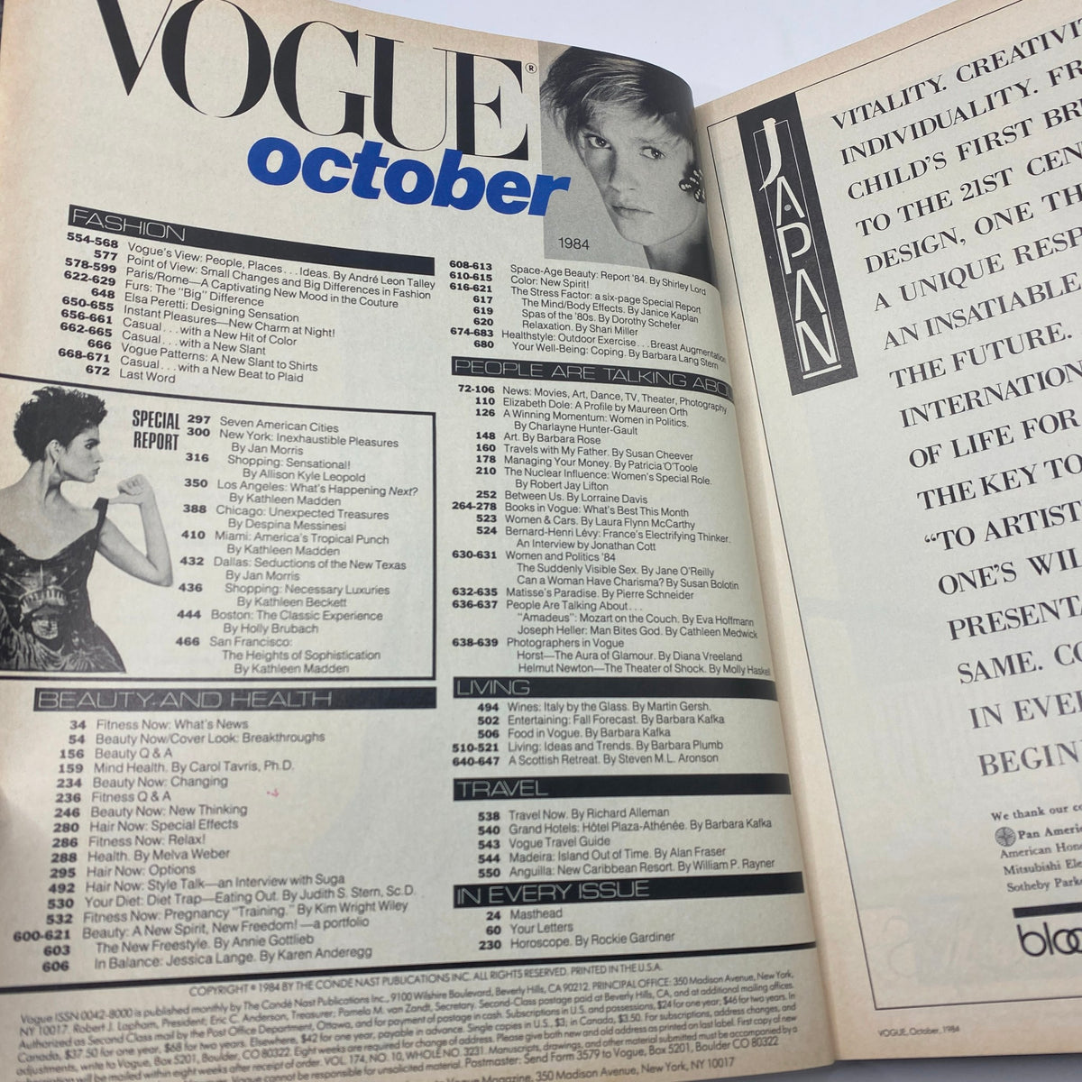 Inside page of VTG Vogue Magazine October 1984 showcasing the table of contents, detailing articles and fashion features of the issue.