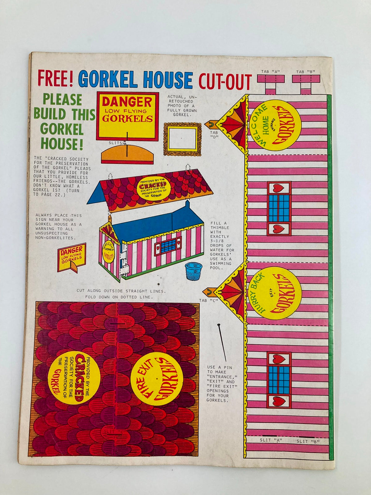 Cut-out section from Cracked Magazine November 1979 Summer Fun Collector's Edition featuring a 'Gorkel House' building guide, colorful graphics, and playful instructions, emphasizing the magazine's quirky humor and interactive content.