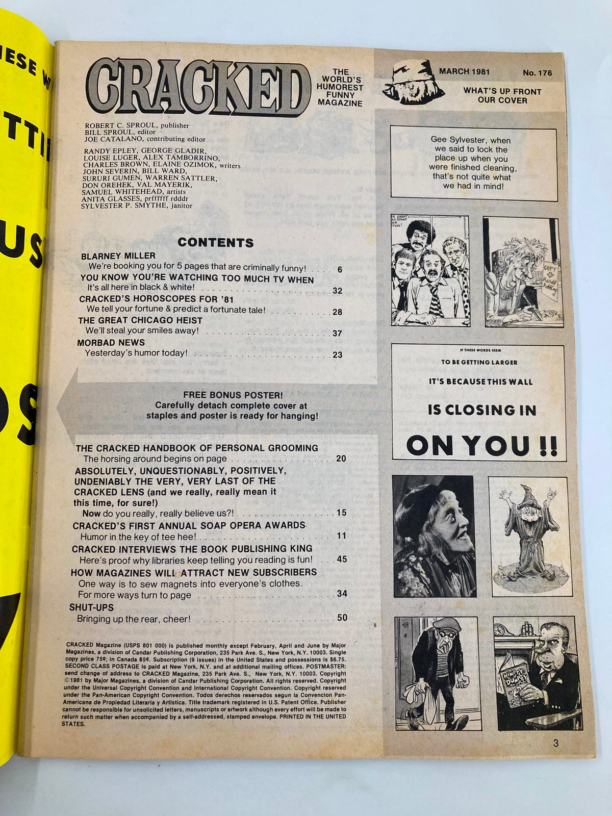 Table of contents page from Cracked Humor Magazine March 1981 No. 176 showcasing articles and humor, including listings featuring 'Barney Miller' and various comedic features. A glimpse into the magazine's structure and content.