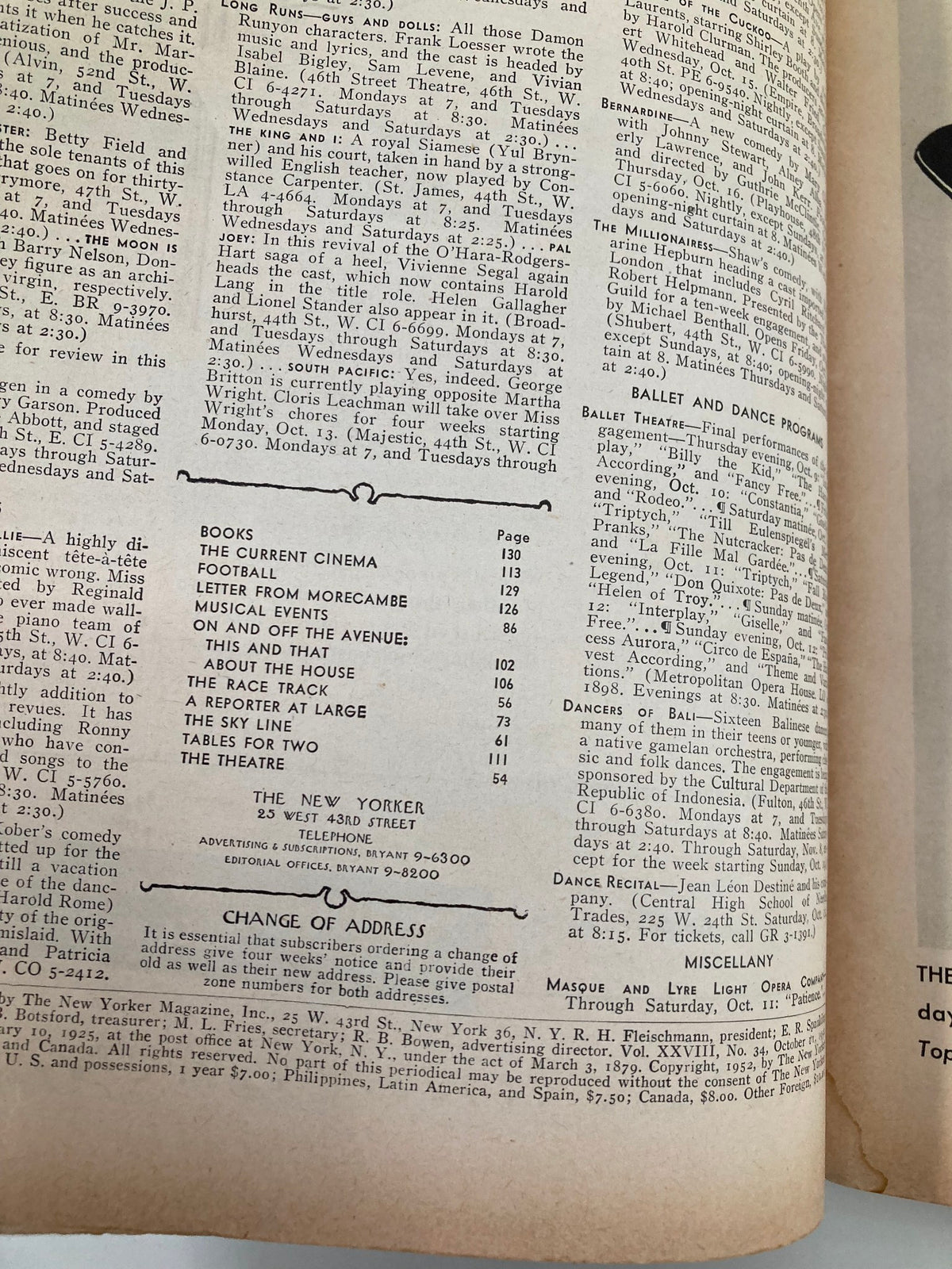 Interior page from the VTG New Yorker Full Magazine October 11, 1952 showcasing listings including theater events, articles, and various cultural content from mid-20th century.
