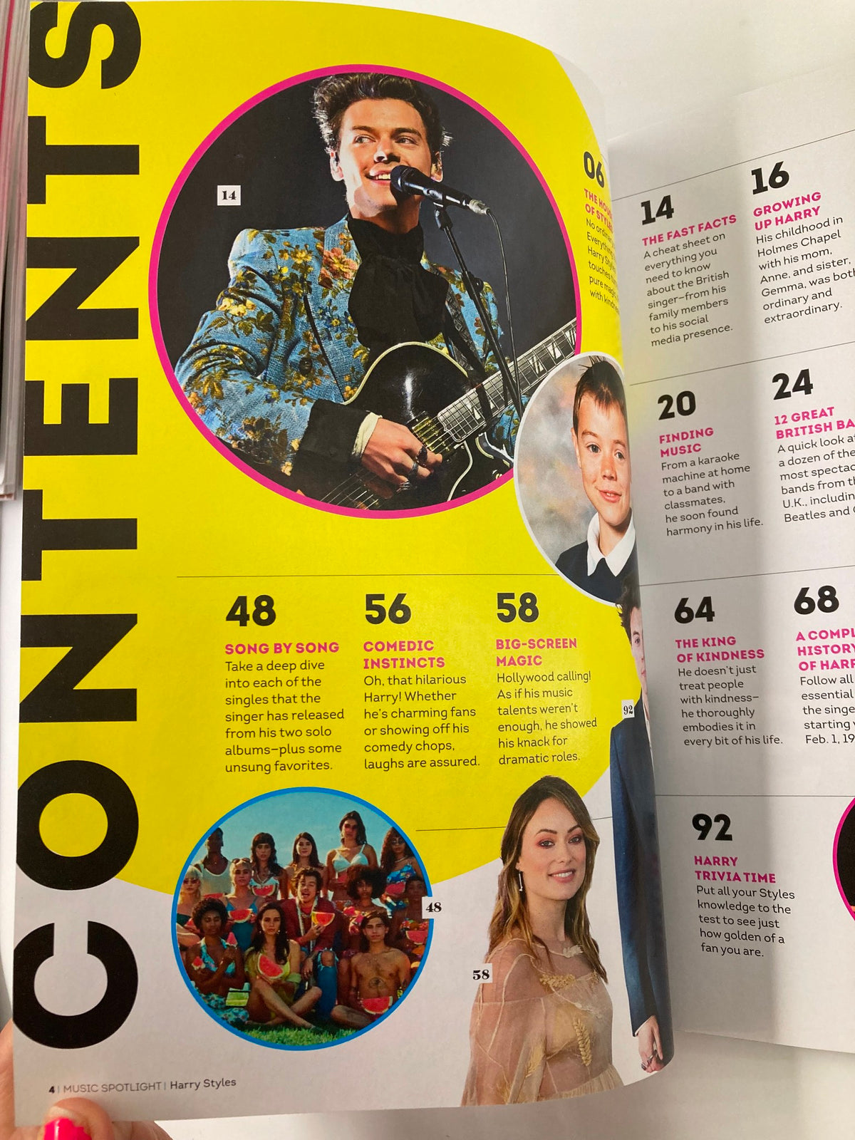Table of contents page from Music Spotlight Magazine April 2021, detailing features about Harry Styles, including sections on his career and personal insights with colorful design elements.