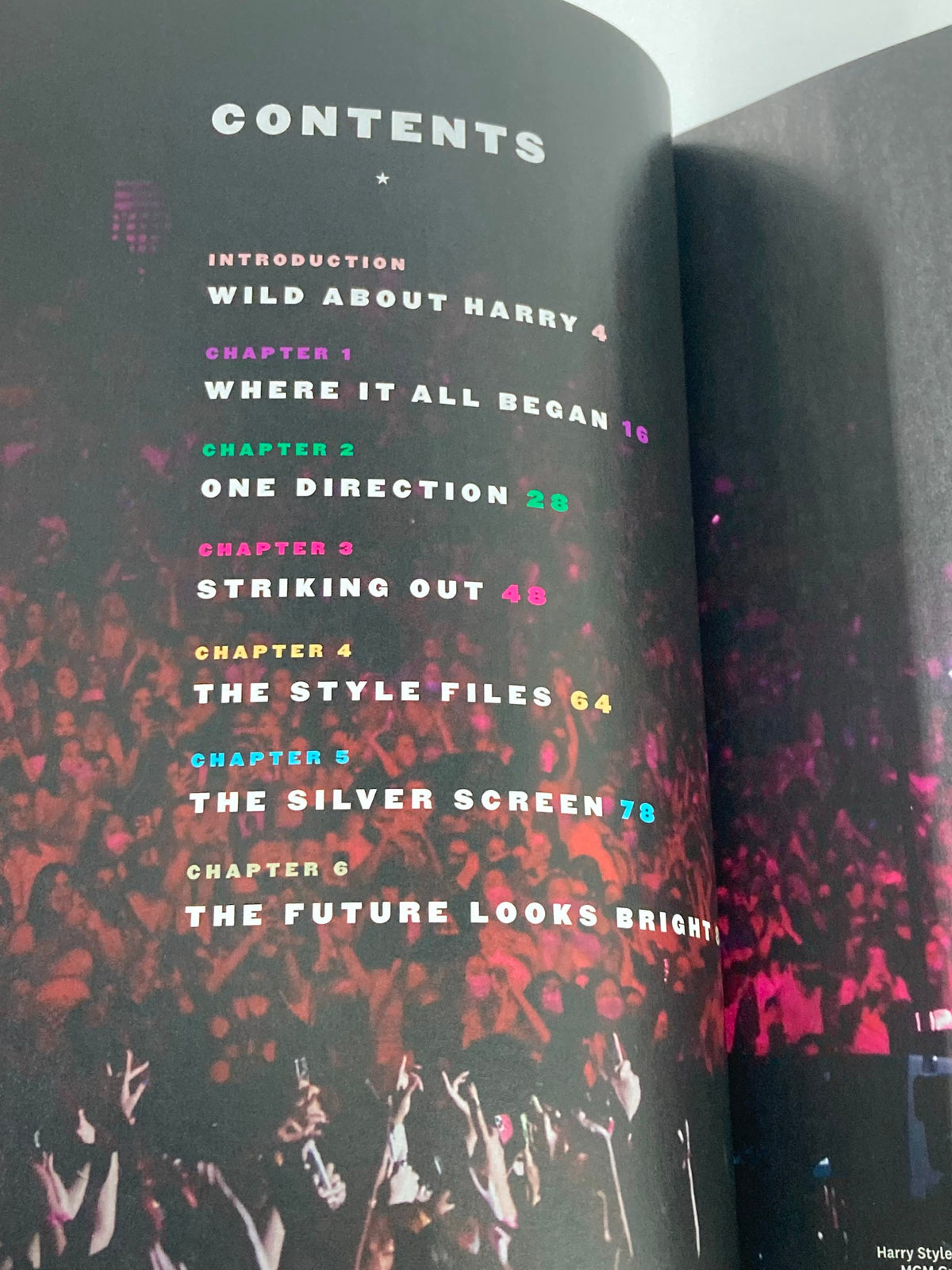 Contents page of Hearst Magazine May 2022 highlighting chapters about Harry Styles, including his journey from One Direction to becoming a music icon.
