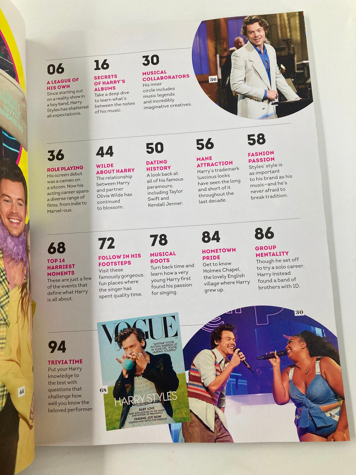Contents page of Music Spotlight Magazine July 2022 Ultimate Guide to Harry Styles, highlighting articles and features about Harry's career, showcasing his influence in the music industry.