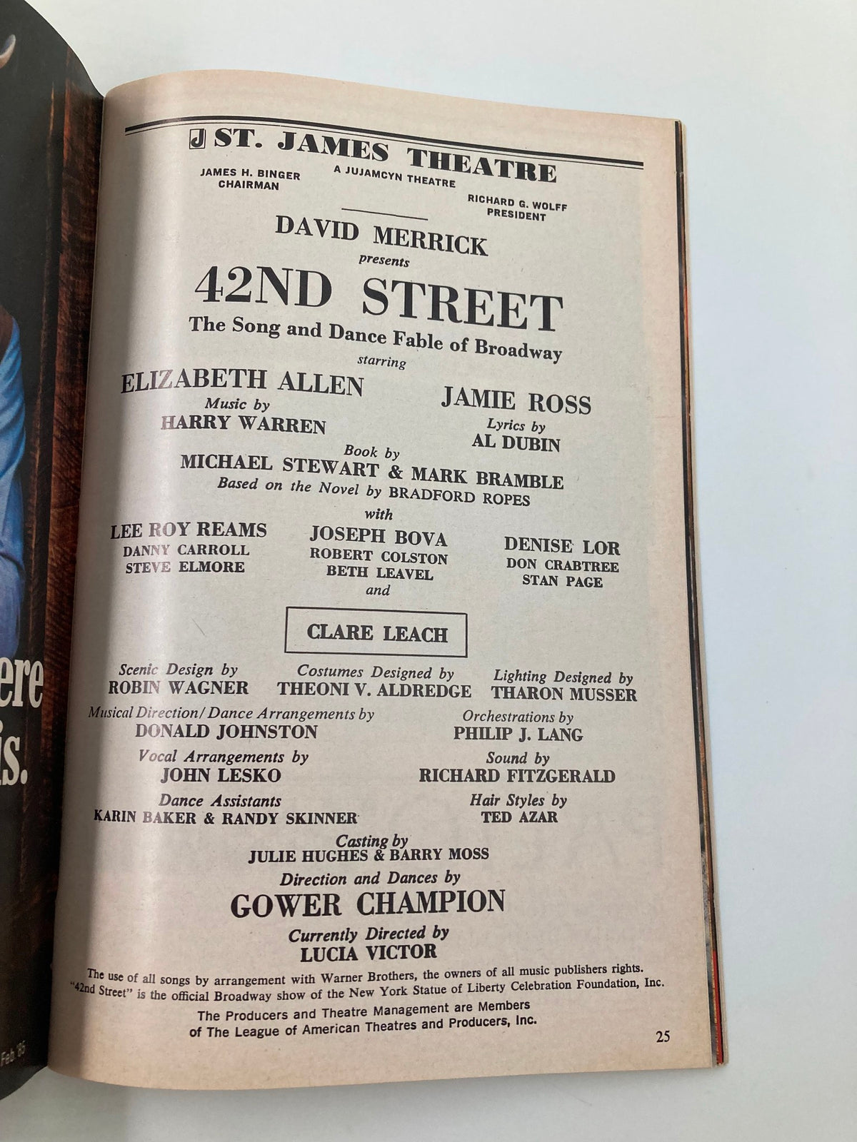 Cast page from the 1987 Playbill for 42nd Street at St. James Theatre listing performers Elizabeth Allen and Jamie Ross.