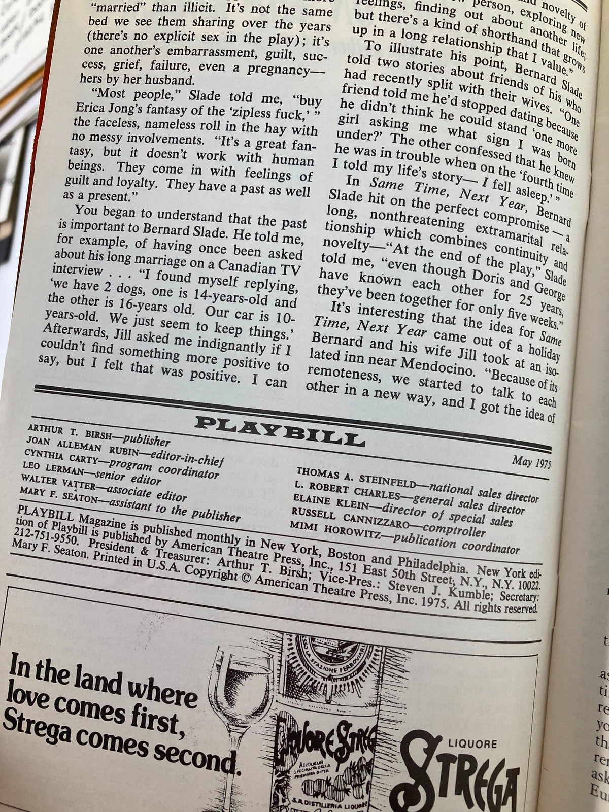 Back cover of the 1975 Playbill for The Misanthrope, highlighting additional information and advertisements from the St. James Theatre.
