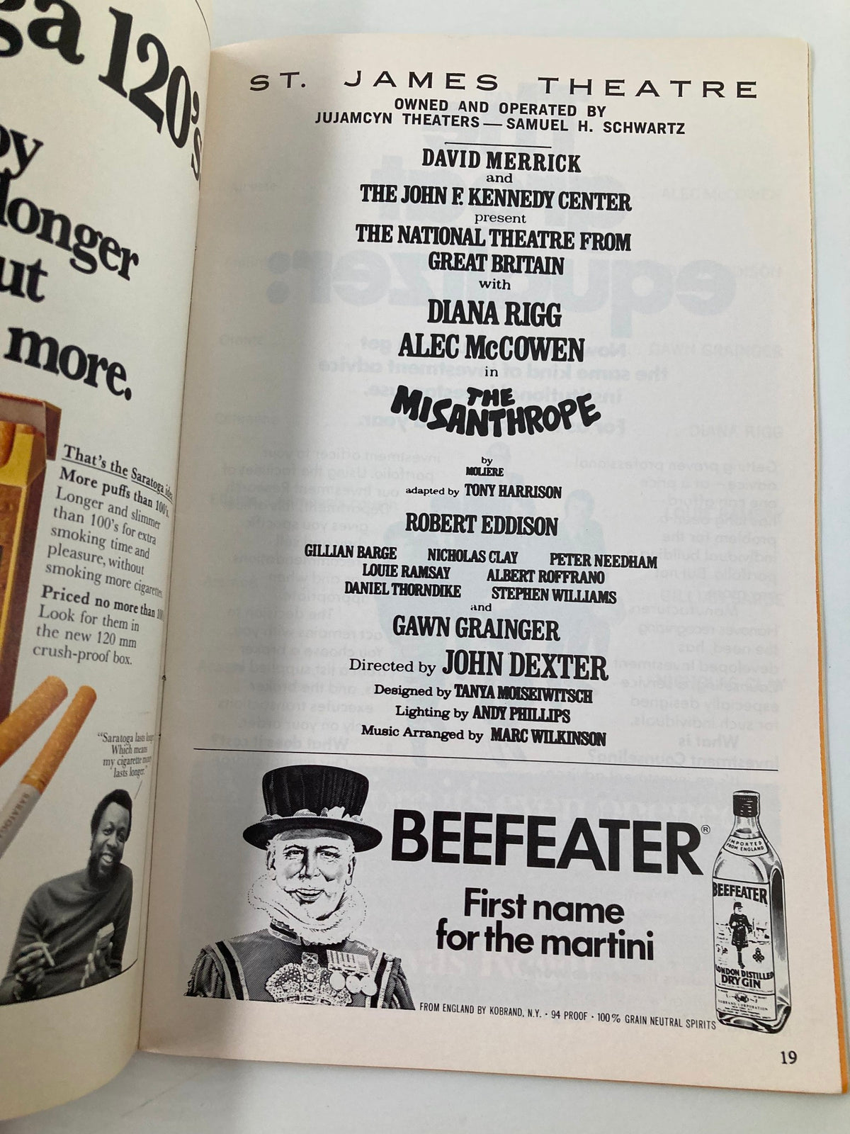 1975 Playbill for The Misanthrope at St. James Theatre featuring Diana Rigg and Alec McCowen, showcasing cast details and production credits.
