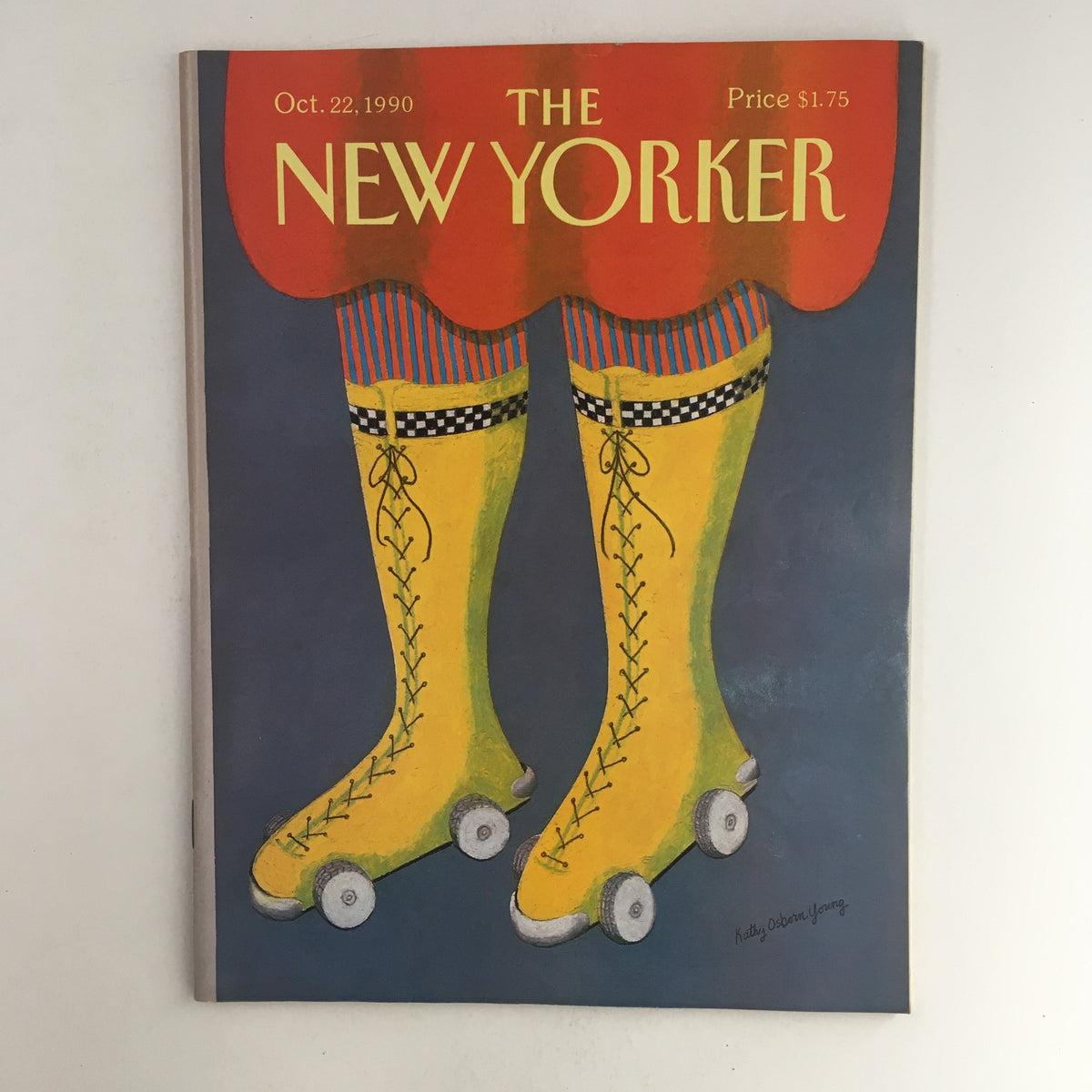 The New Yorker October 22 1990 Magazine Cover featuring bold yellow roller skates with blue striped socks and a red design, illustrated by Kathy Osborn Young.