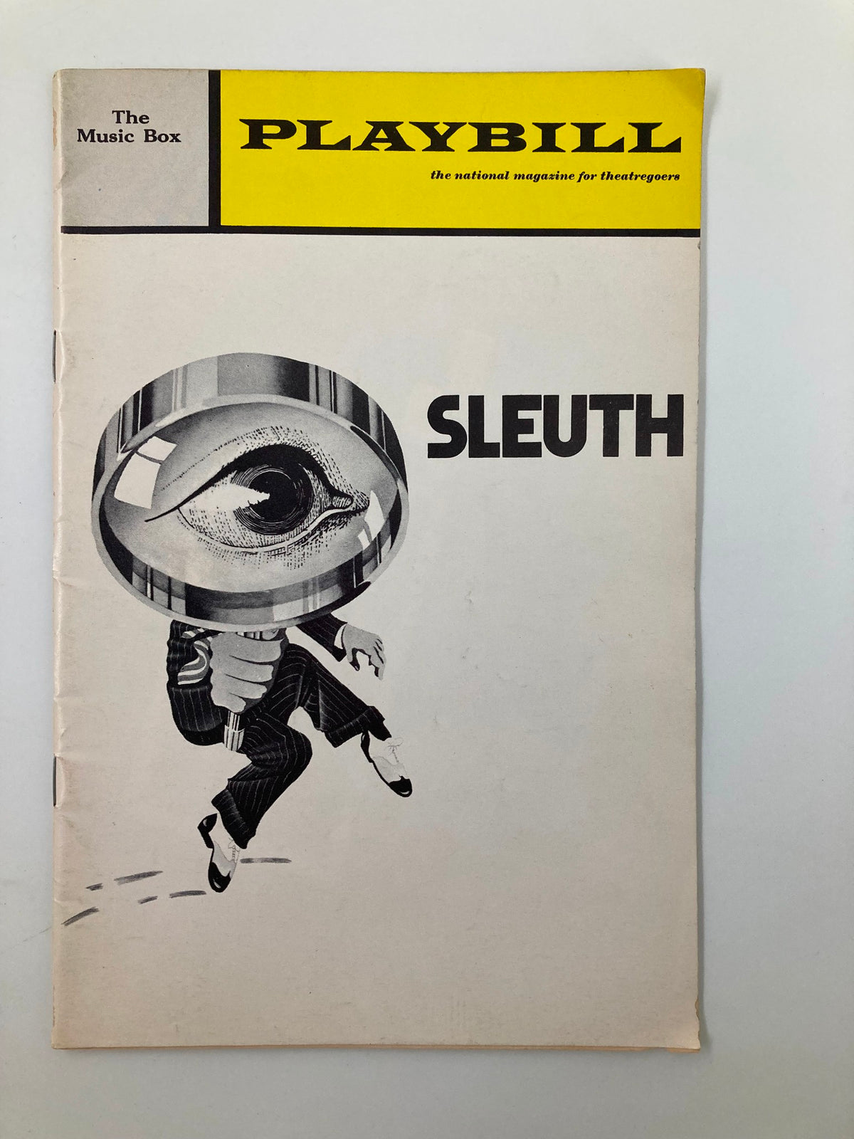 1971 Playbill for The Music Box Sleuth featuring a stylized illustration of a character with a large eye, reflecting the theatrical essence of the production.