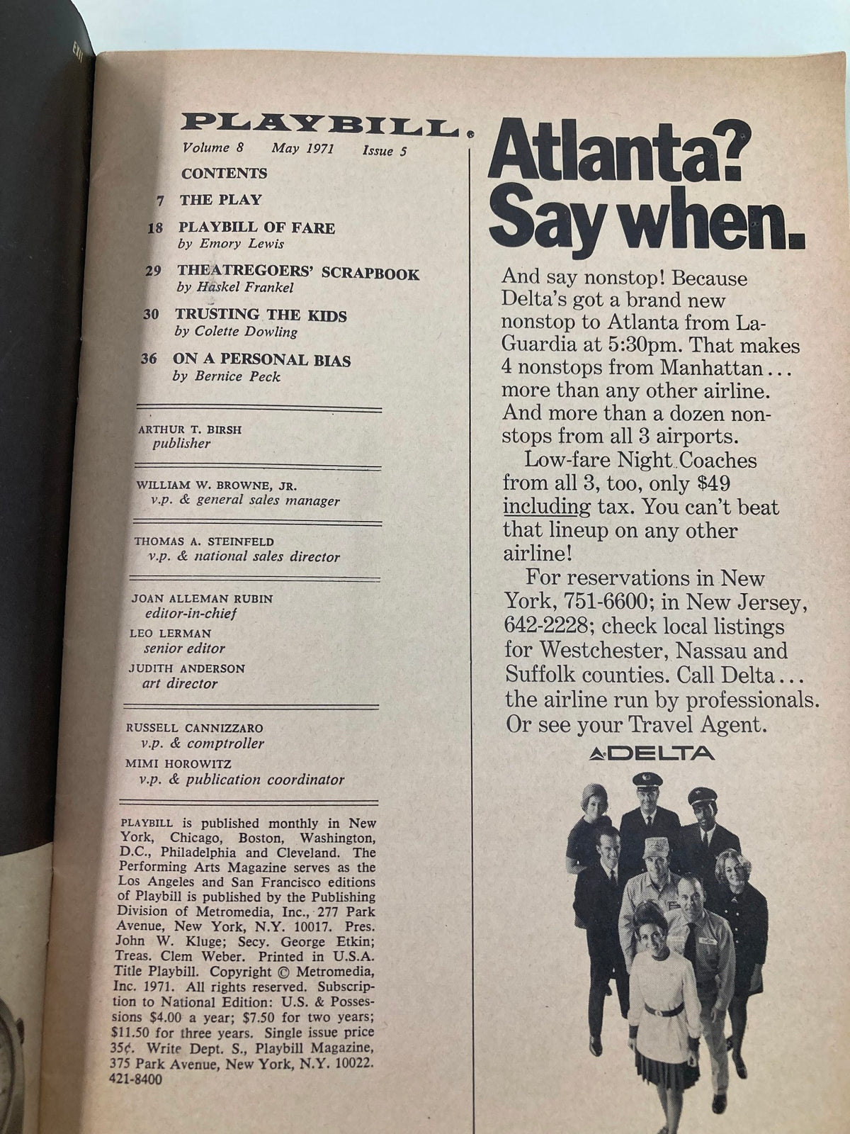 Inside page of the 1971 Playbill for The Music Box Sleuth, showcasing contents and an advertisement with a nostalgic glimpse into the past theatrical productions.