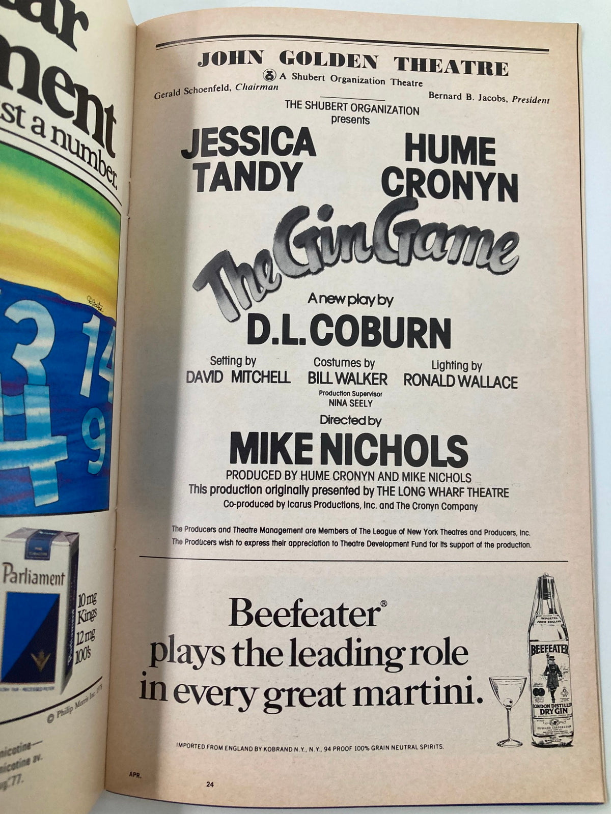 Advertisement page from the 1978 Playbill for The Gin Game at John Golden Theatre featuring Jessica Tandy and Hume Cronyn, including promotional content.