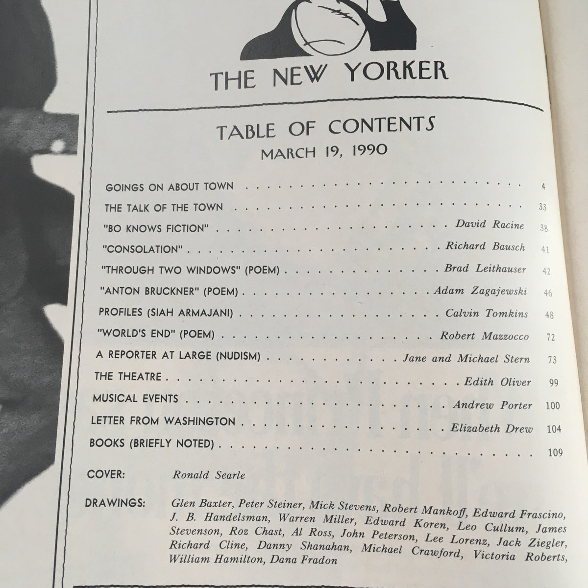 Table of Contents page from The New Yorker March 19 1990, detailing articles and features including poems and profiles, with cover art attributed to Ronald Searle, reflecting the magazine's rich historical context.