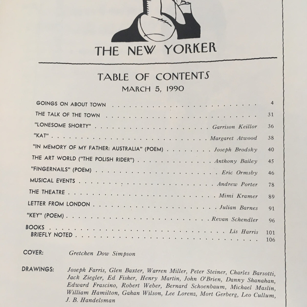 Table of Contents page for The New Yorker March 5, 1990 issue, listing featured articles and contributors. The cover art is attributed to Gretchen Dow Simpson.