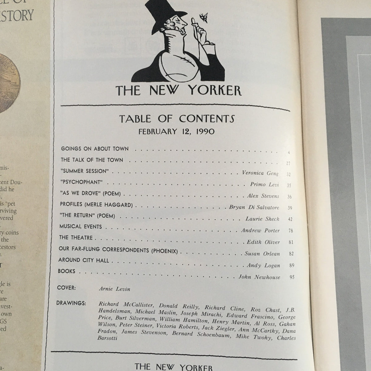 Table of Contents page from The New Yorker February 12 1990, detailing articles and illustrations for the issue.