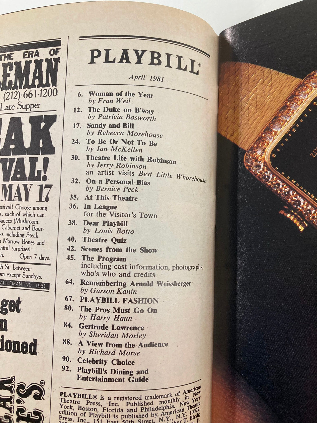 Inside page of the 1981 Playbill from the Imperial Theatre, listing details and other shows for April 1981, including 'They're Playing Our Song'.