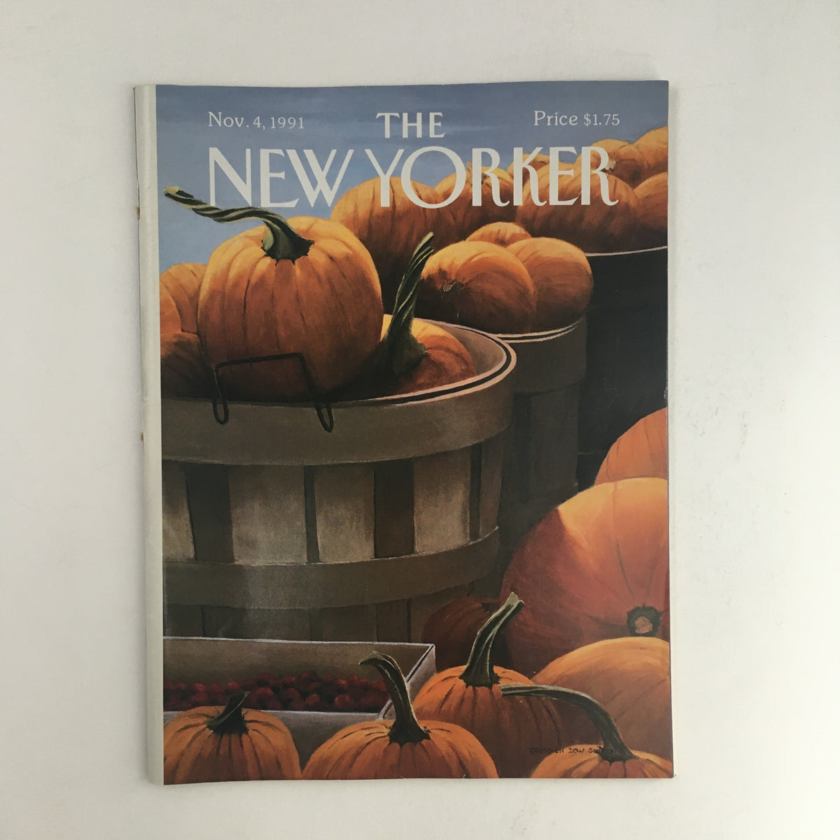 The New Yorker November 4 1991 Full Magazine Cover featuring vibrant pumpkins in a rustic setting, showcasing artwork by Gretchen Dow Simpson.